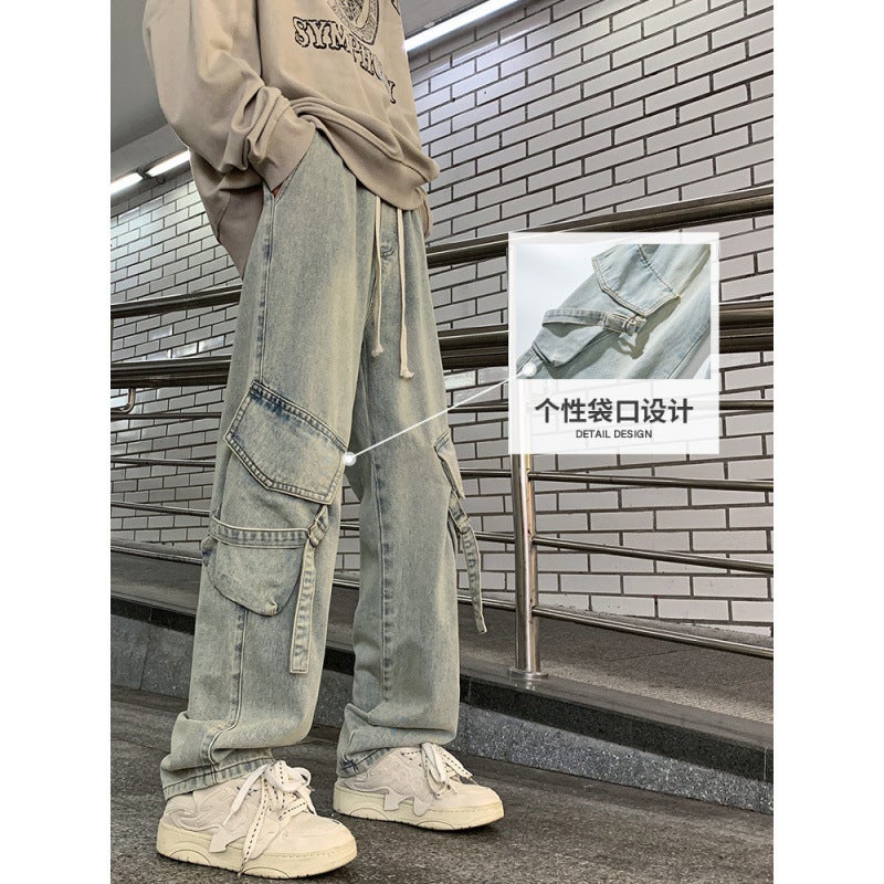 جينز كارجو متعدد الجيوب للرجال والنساء من الشارع الأمريكي، ربيع، خريف وصيف، بنطلونات كاجوال فضفاضة مستقيمة واسعة الساقين - Image 3